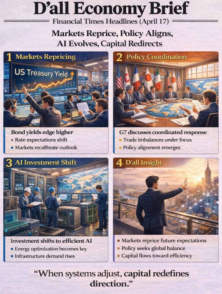 Global financial markets infographic showing rising bond yields, G7 policy coordination, AI infrastructure investment, and capital flow shifts in a modern economic environment.