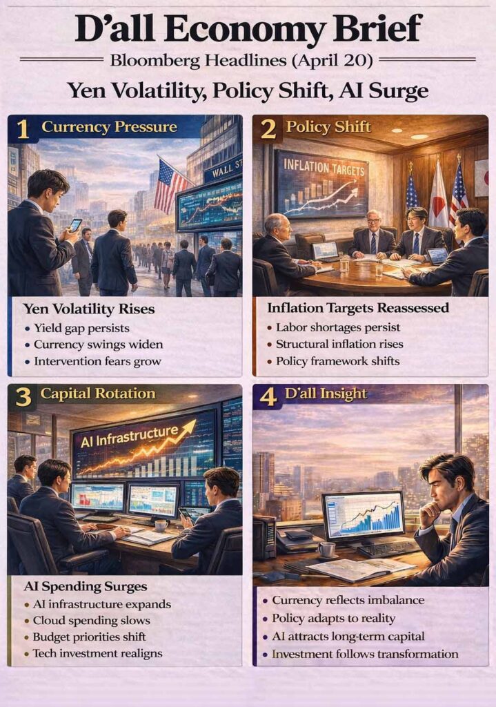 Four-panel infographic on yen volatility, central bank policy shift, and AI infrastructure investment showing global capital rotation trends.