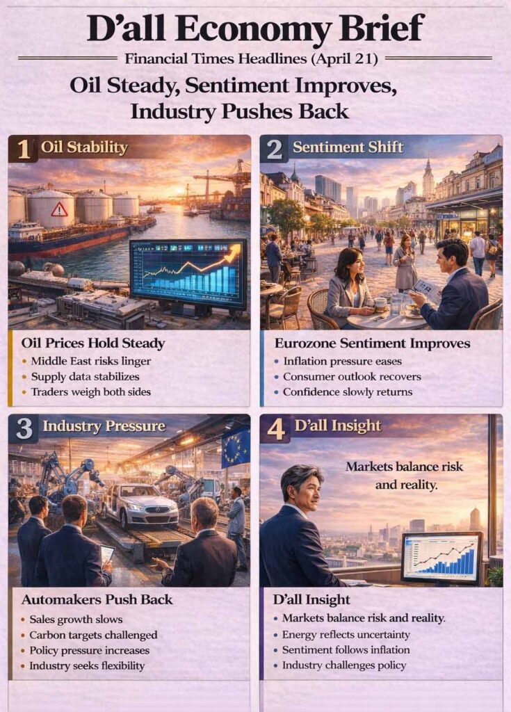 Four-panel infographic showing oil stability, eurozone sentiment improvement, and automaker policy pressure reflecting global market balance.