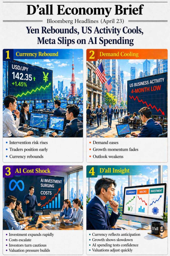Currency Rebound infographic showing yen strength, US business activity slowdown, and AI spending impact on global market adjustment