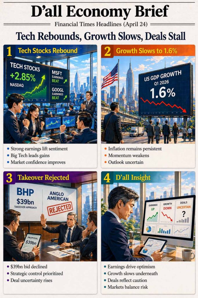 Tech Rebound infographic showing Big Tech earnings growth, US economic slowdown, and corporate deal rejection impacting global markets.