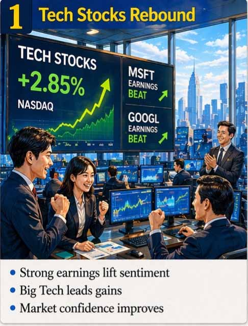 Tech Stocks Rebound showing strong Big Tech earnings lifting market sentiment and driving technology stock gains