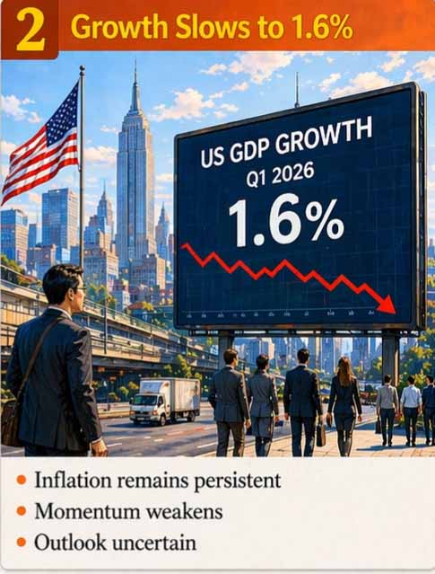 US Growth Slowdown illustrating 1.6 percent GDP growth with persistent inflation pressure and weakening outlook