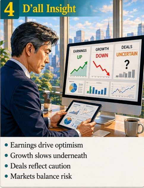Market Insight analysis showing investor comparing iMac and tablet data to evaluate earnings growth slowdown and deal uncertainty