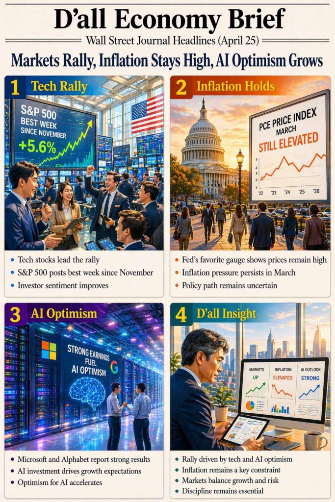 Tech Rally and inflation pressure infographic showing AI optimism driving stock market gains while macroeconomic risks remain elevated