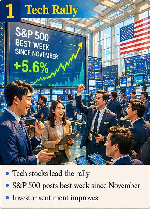 Tech Rally infographic showing S&P 500 surge driven by Big Tech earnings and strong stock market momentum