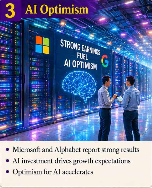 AI Optimism scene showing strong Microsoft and Alphabet earnings driving artificial intelligence investment growth