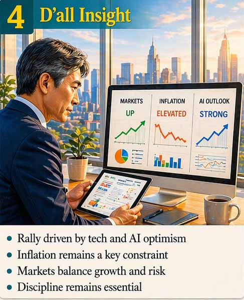 Market Insight analysis showing balance between tech rally, inflation pressure, and AI driven market expectations