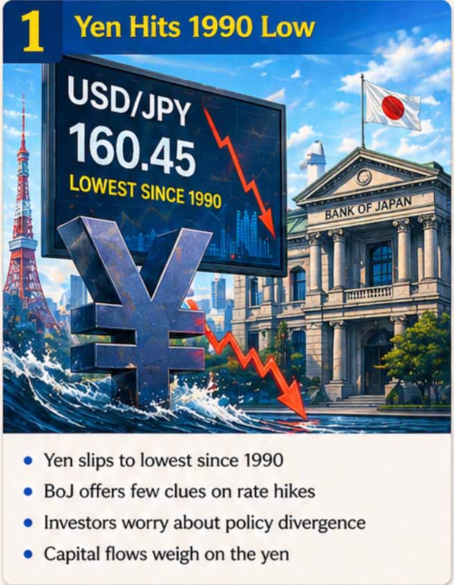 Yen hits its lowest level since 1990 as USD/JPY surges amid Bank of Japan policy uncertainty. Currency weakness highlights growing divergence in global monetary policy.