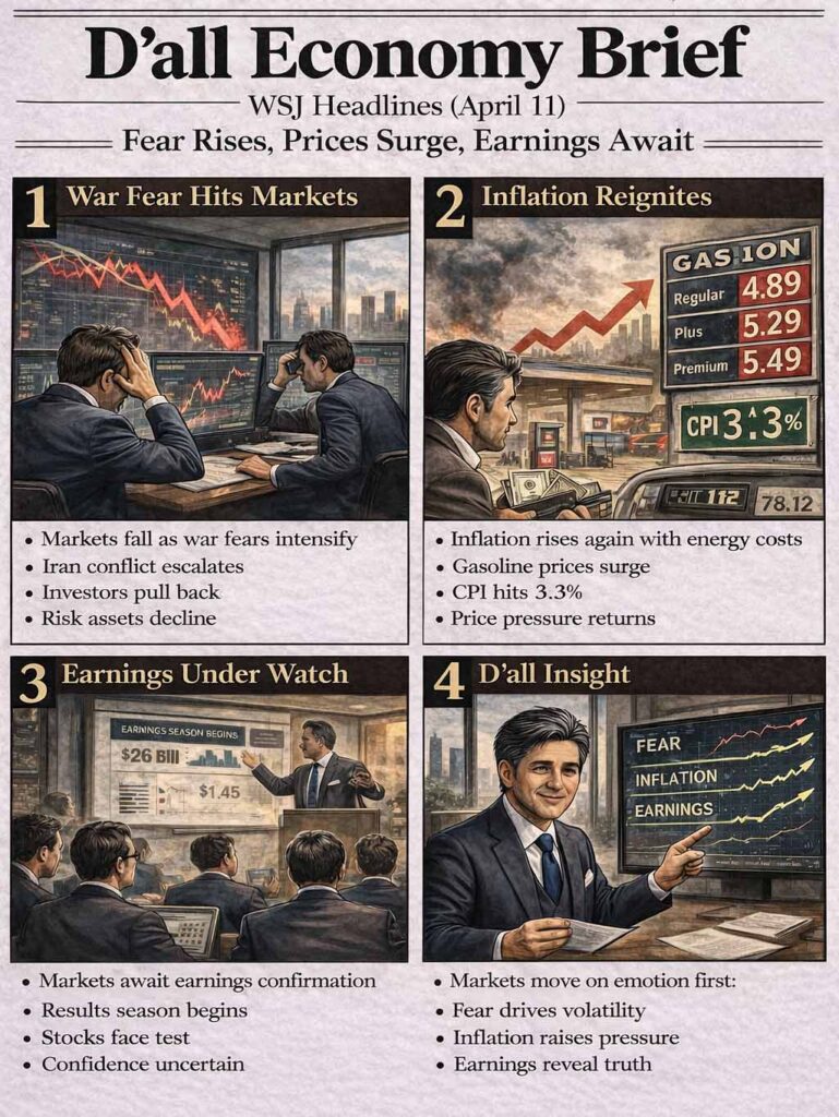 Stock Market Outlook WSJ April 11 illustration showing inflation, earnings, and investor sentiment.