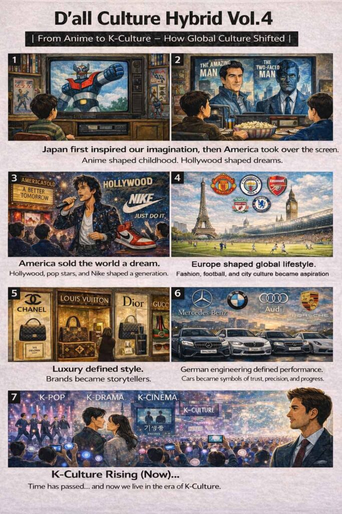 Global cultural shift from Japanese anime to Hollywood, European luxury, and K-Culture visualized in a modern editorial infographic.