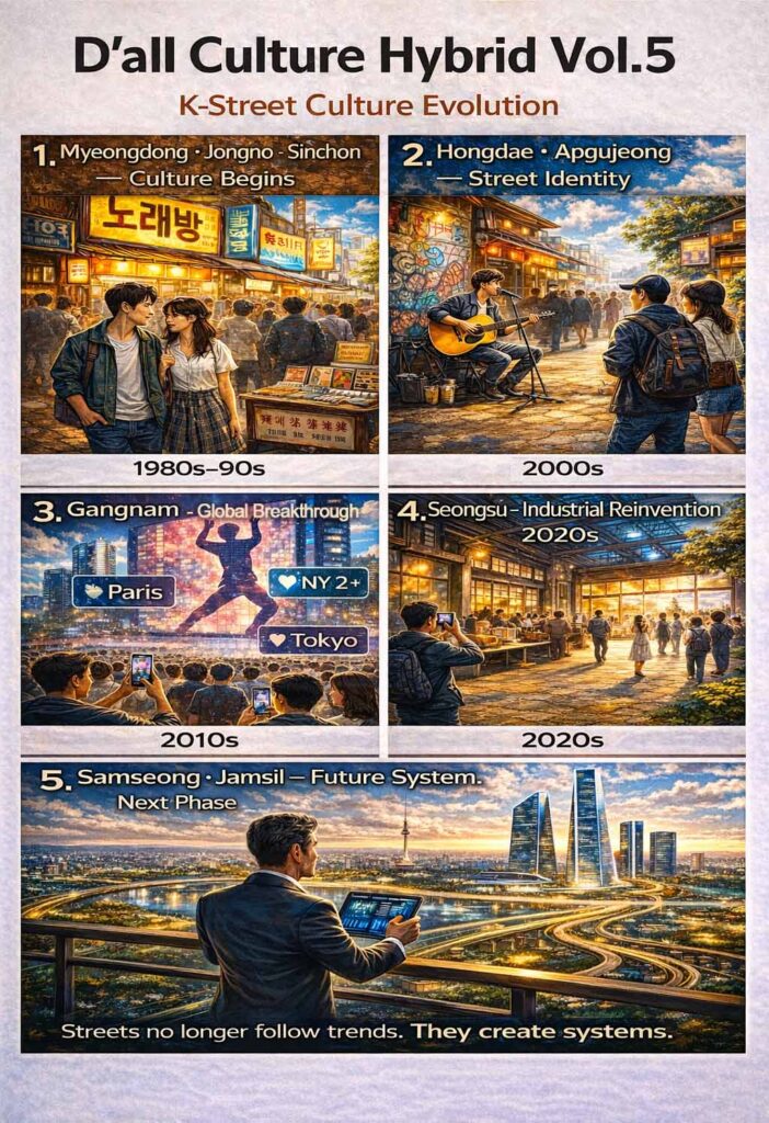 K-Street Culture evolution showing Korean street fashion, food, and lifestyle spreading globally through digital platforms and urban networks.