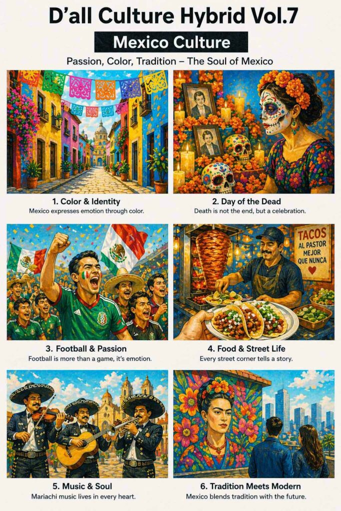 Mexican Culture illustrated through vibrant street colors, Day of the Dead, football passion, street food, and traditional music in a warm painterly style. 