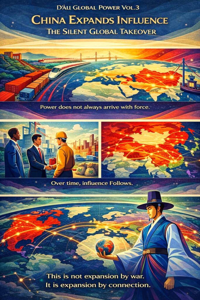 China global influence visualized through Belt and Road infrastructure and global trade network expansion.