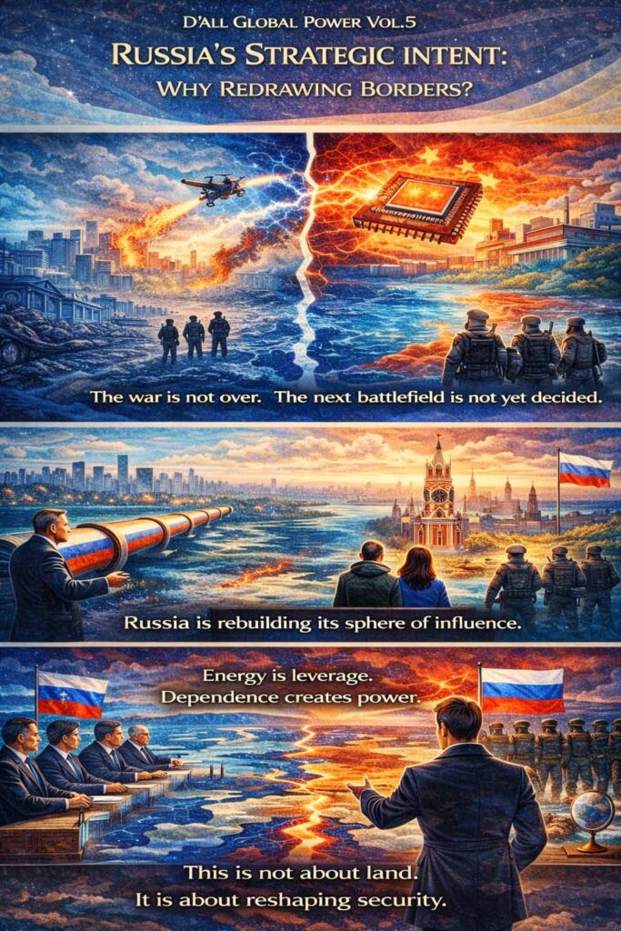 Russia strategic intent illustrated through Ukraine war, energy pipelines, military positioning, and geopolitical influence reshaping European security structure.