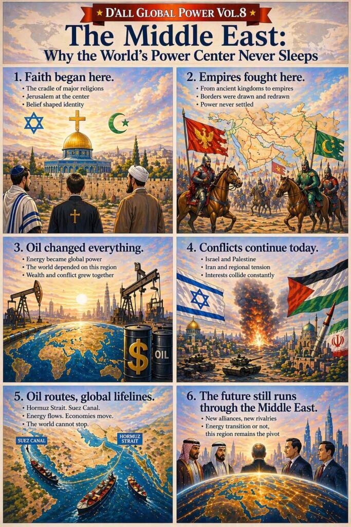 Middle East power structure visualized through religion, empires, oil, and geopolitical conflicts shaping global influence across history and modern world.