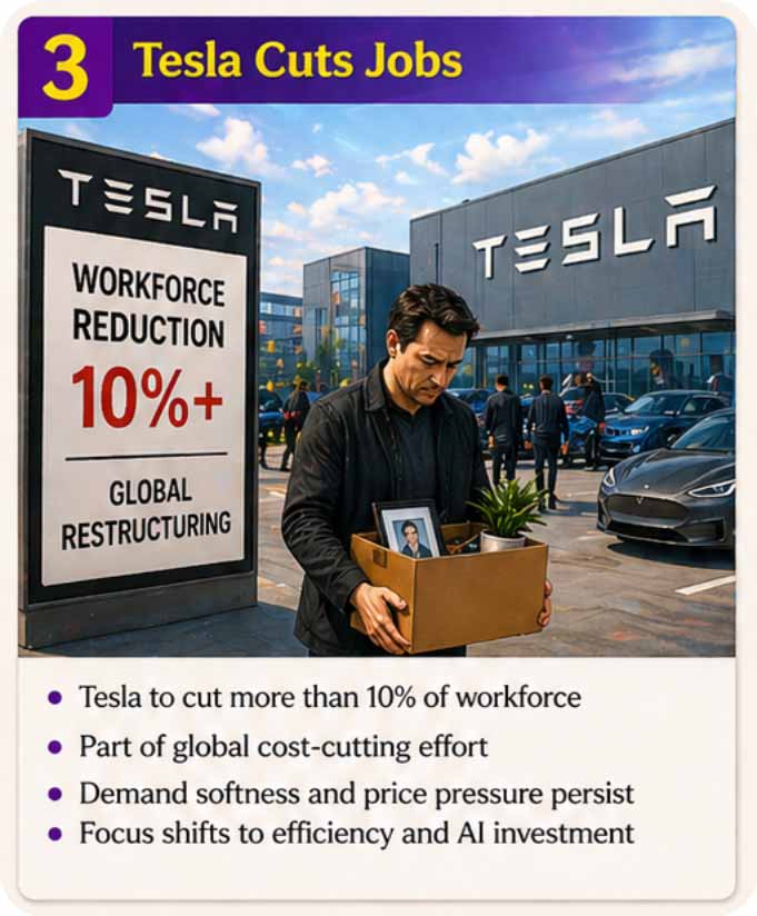 Tesla plans to cut more than 10% of its workforce as part of global restructuring efforts. The move reflects rising cost pressures and a strategic shift toward efficiency over growth.