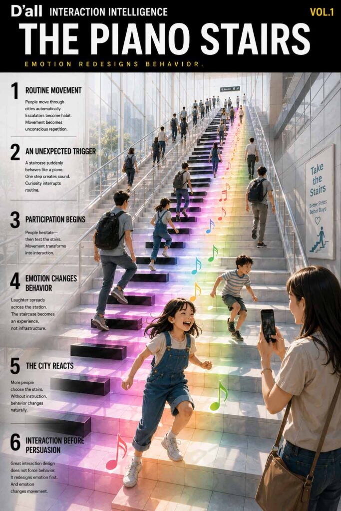 A cinematic six-panel editorial webtoon illustrating the Piano Stairs interaction design experiment and how emotional interaction changes human behavior in urban environments.

This Interaction Design visual analysis explores participation, emotional engagement, and behavioral transformation through responsive public design systems.