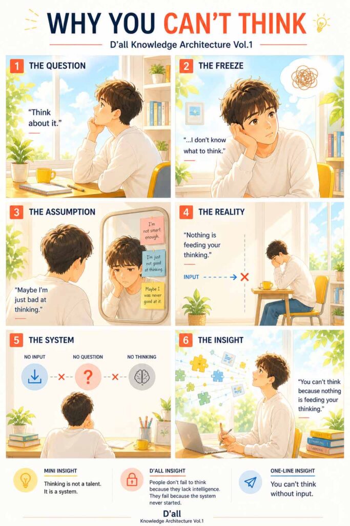 A bright pastel six-panel webtoon showing thinking system failure, where lack of input prevents questions and stops the thinking process.