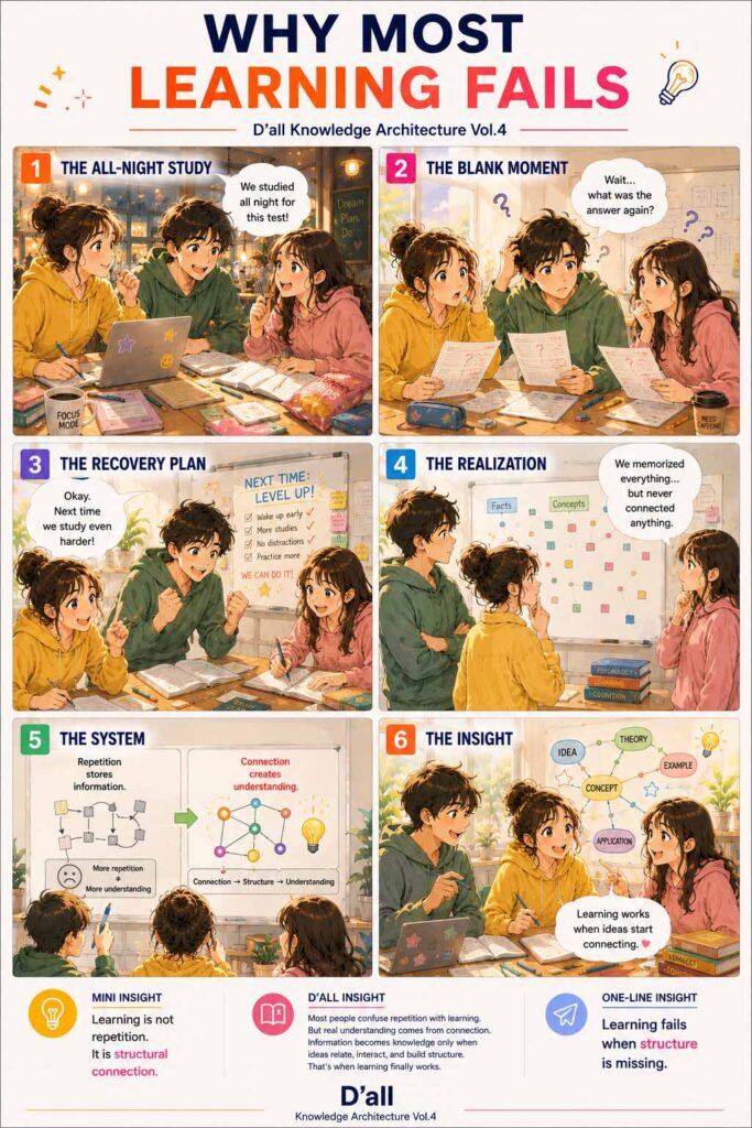 A bright six-panel webtoon showing a learning structure system where students realize repetition alone fails, while connected ideas create real understanding.