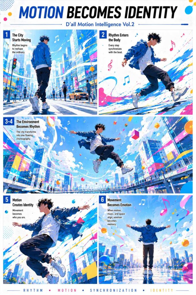 Bright kinetic editorial webtoon inspired by Apple AirPods Bounce, showing Motion Branding through rhythmic urban movement, synchronized body motion, and colorful kinetic visual systems.