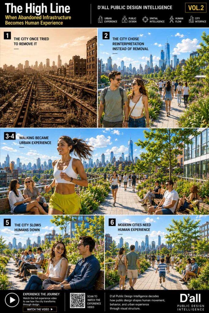 The High Line in New York transforms abandoned railway infrastructure into vibrant Public Design Intelligence and human-centered urban space. Bright greenery, elevated pathways, and active city movement demonstrate how public design reshapes human emotion and urban experience.