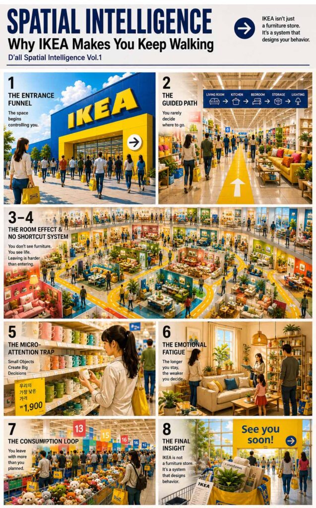 Bright editorial-style spatial webtoon analyzing IKEA store design, consumer behavior, and behavioral flow through colorful environmental storytelling and spatial intelligence structure.