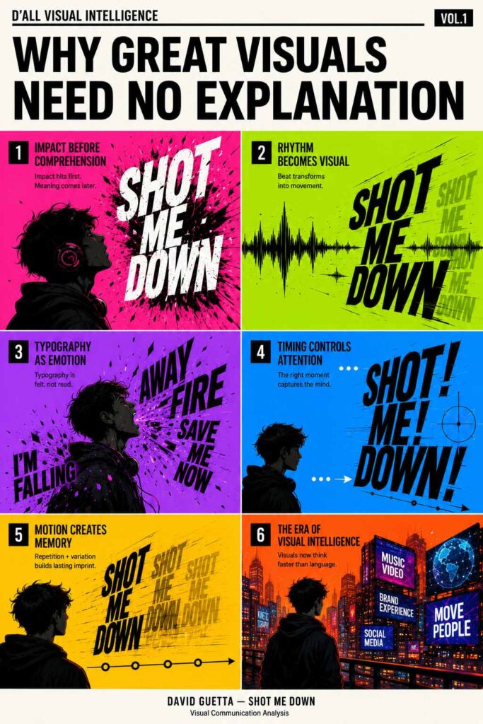 Editorial-style 6-cut visual intelligence poster analyzing kinetic typography, motion graphics, rhythm, timing, and cognitive visual communication inspired by David Guetta’s Shot Me Down lyric video.