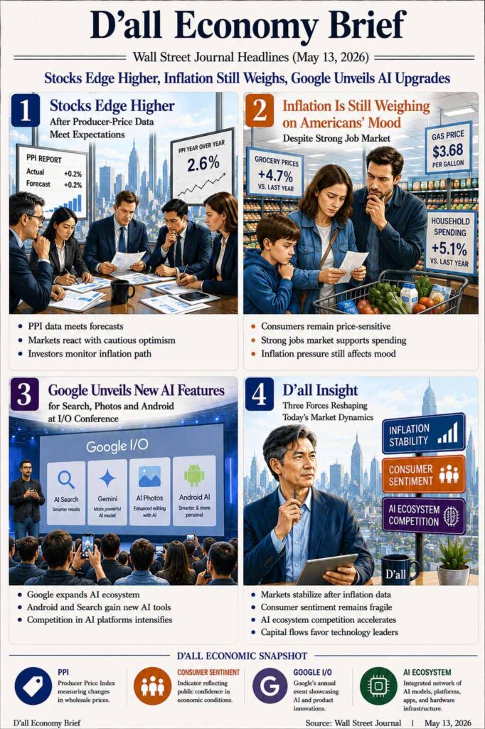 Inflation pressure, consumer sentiment weakness, and Google AI ecosystem expansion illustrated in a premium Wall Street Journal-style D’all Economy Brief infographic.
The visual highlights PPI stability, consumer psychology, and accelerating AI platform competition.
