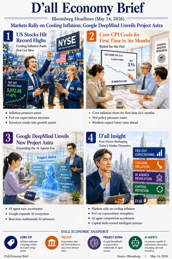 Cooling inflation, Fed rate-cut expectations, and Google DeepMind’s Project Astra illustrated in a premium Bloomberg-style D’all Economy Brief infographic.
The visual highlights record-high markets, easing CPI pressure, and the accelerating AI agent ecosystem race.