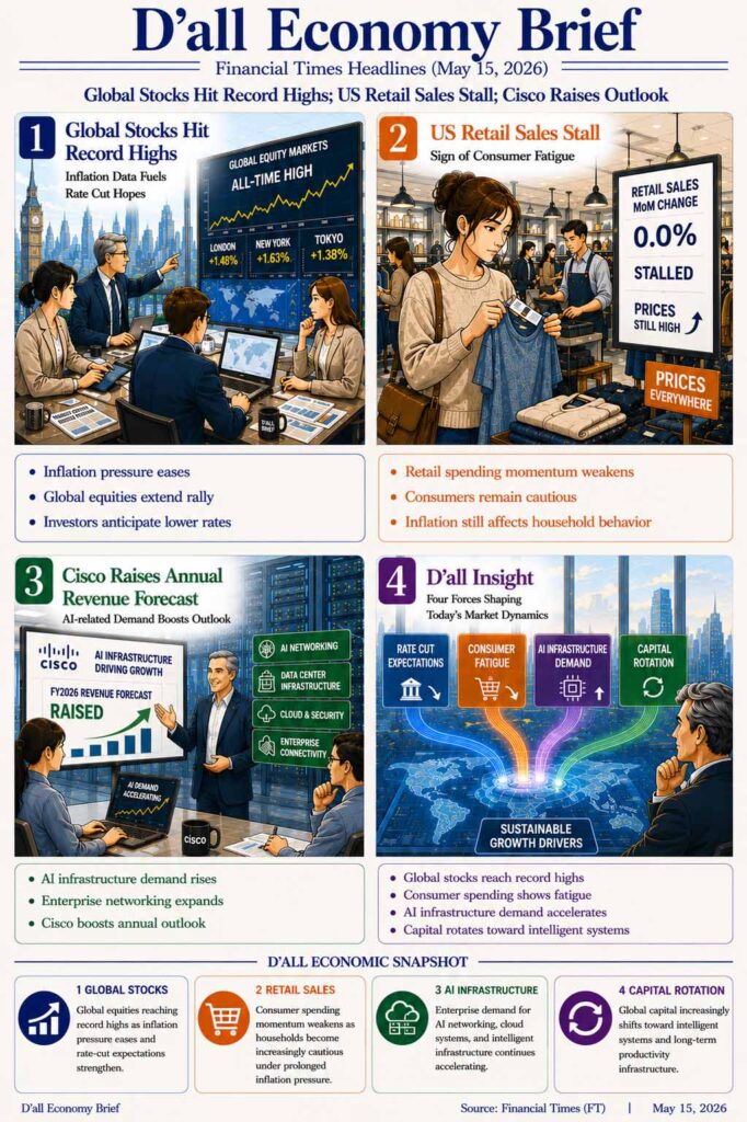 Global stocks, slowing consumer spending, and expanding AI infrastructure demand illustrated in a premium Financial Times-style D’all Economy Brief infographic.
The visual highlights retail sales fatigue, Cisco’s AI-driven growth, and capital rotation toward intelligent systems.