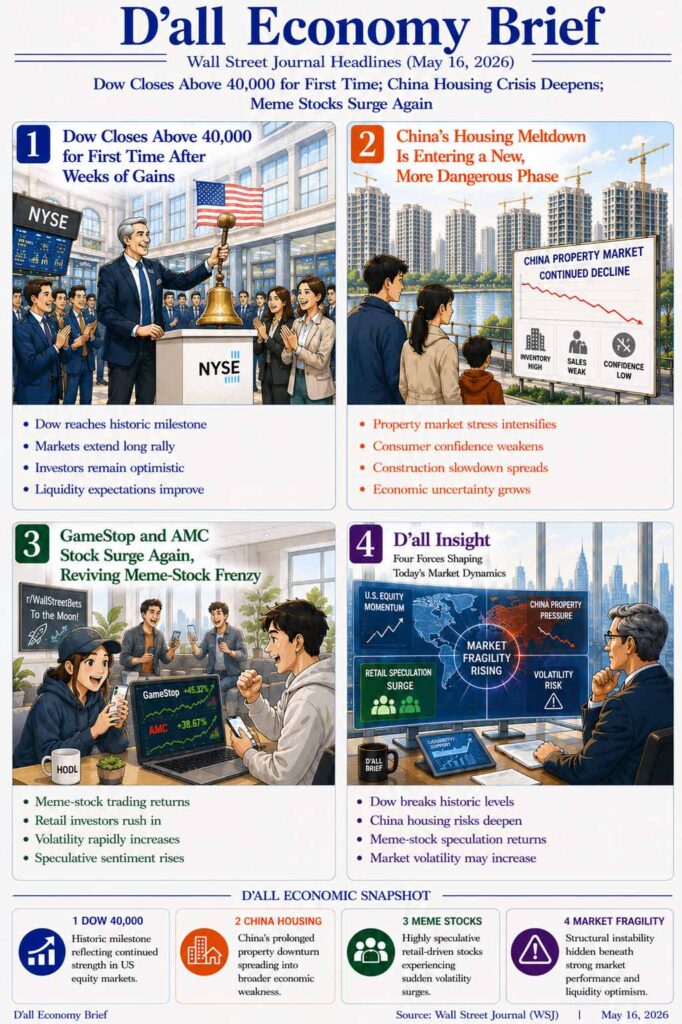 Dow 40000 | Historic Dow 40,000 milestone, China housing risks, and meme-stock speculation illustrated in a premium Wall Street Journal-style D’all Economy Brief infographic.
The image highlights market momentum alongside rising structural fragility and speculative retail trading.