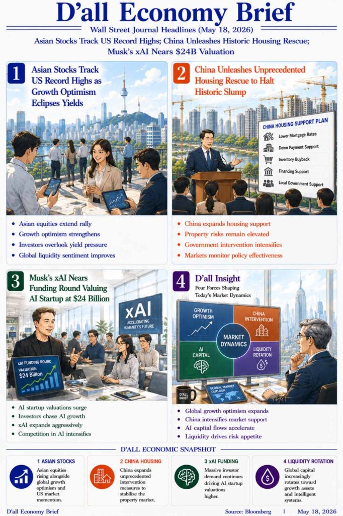 Bloomberg-style D’all Economy Brief infographic illustrating Asian stock rallies, China housing rescue measures, and xAI investment expansion in a bright financial editorial style.
The image visualizes global liquidity flows, AI capital growth, and government market intervention.