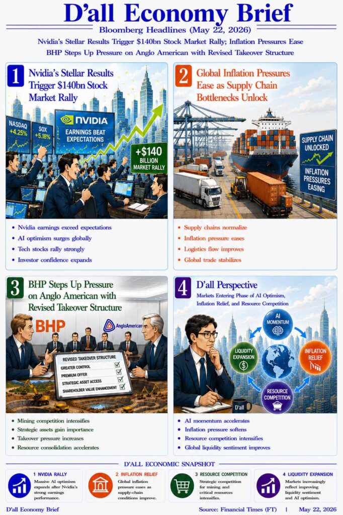 Financial Times-style D’all Economy Brief infographic showing Nvidia earnings rally, global inflation relief through supply-chain normalization, and strategic mining competition in a bright editorial illustration style.
The image visualizes AI optimism, improving liquidity conditions, and resource competition across global markets.
