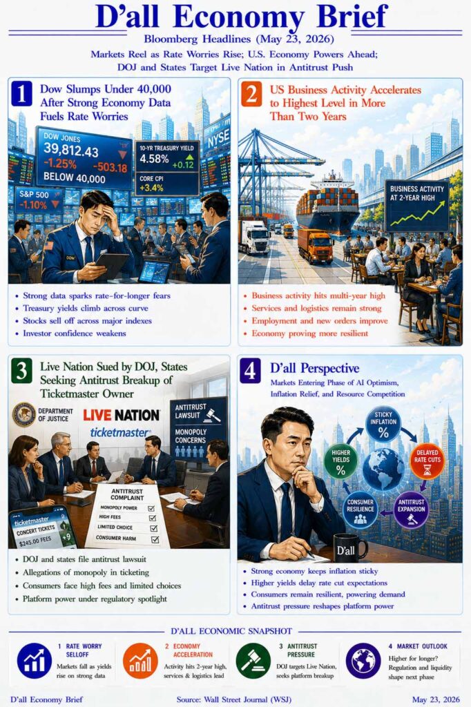 Wall Street Journal-style D’all Economy Brief infographic showing Treasury Yields rising, strong US business activity, and antitrust pressure on Live Nation in a bright editorial financial illustration style.
The image visualizes higher-for-longer rate fears, resilient consumer activity, and expanding platform regulation across global markets.