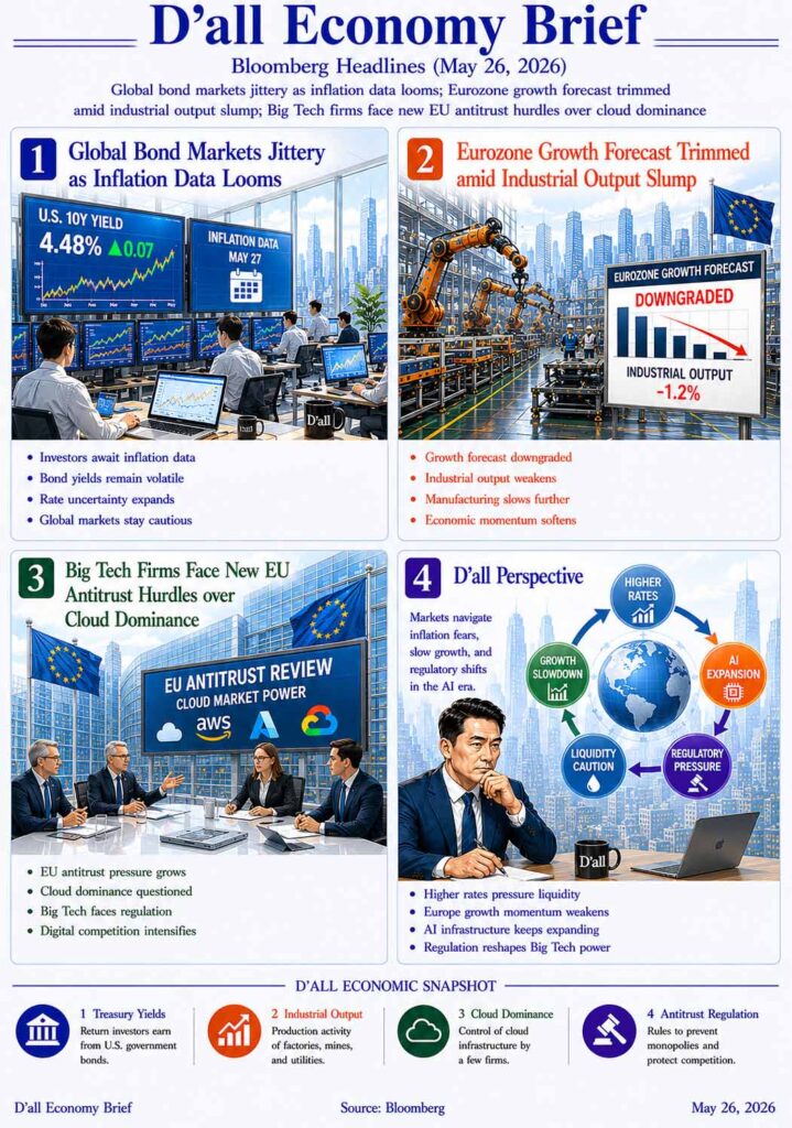 Financial Times-style D’all Economy Brief infographic showing volatile Treasury yields, weakening Eurozone industrial production, and expanding EU antitrust regulation against Big Tech cloud dominance in a bright editorial illustration style.
The image visualizes inflation anxiety, slowing growth momentum, and regulatory pressure across global financial markets.