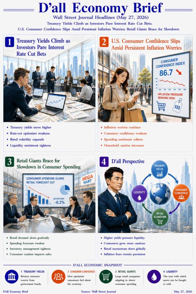 Wall Street Journal-style D’all Economy Brief infographic showing rising Treasury yields, weakening consumer confidence, and retail slowdown in a bright editorial illustration style.
The image visualizes higher interest rates, cautious household spending, and changing liquidity conditions across global markets.