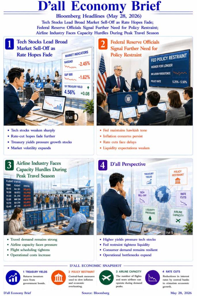 Bloomberg-style D’all Economy Brief infographic showing technology stock sell-offs, Federal Reserve policy restraint, airline capacity pressure, and rising Treasury yields in a bright editorial illustration style.
The image visualizes tightening liquidity, higher interest rates, and operational bottlenecks across global markets.