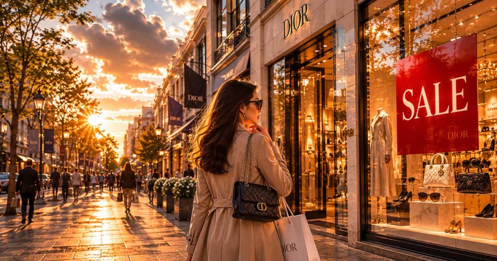 Cinematic luxury shopping street at sunset showing a stylish woman carrying a designer bag while hesitating in front of a SALE display window.
The editorial image visualizes weakening consumer demand, cautious spending behavior, and shifting Risk Sentiment across the global economy.