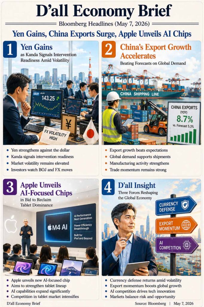 Yen gains amid intervention signals as China export growth accelerates and Apple unveils AI-focused chips to strengthen tablet competitiveness.