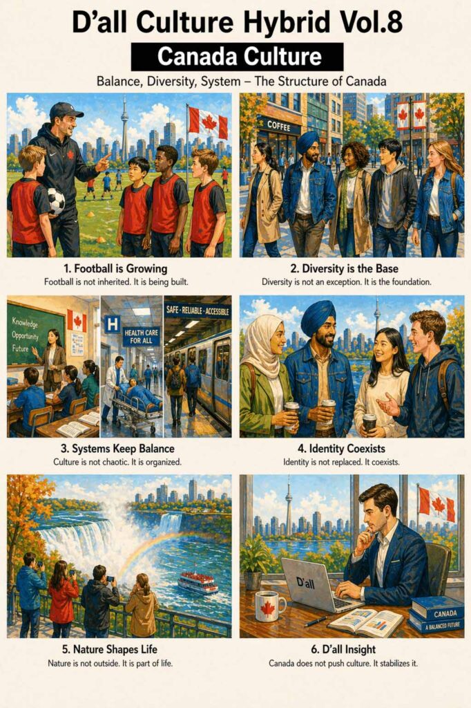 A visual infographic explaining Canada Culture System through diversity, public systems, coexistence, and nature integration in a structured cultural model.