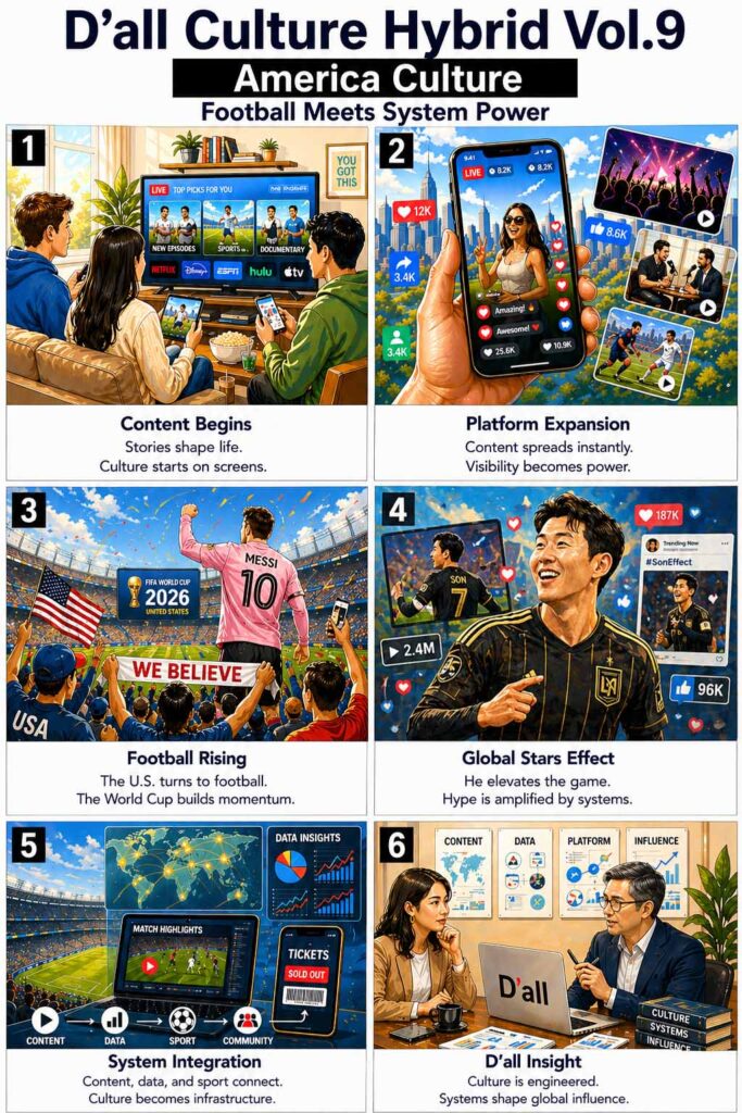 American Culture System illustrated through football, digital platforms, global stars, and data-driven cultural systems in a bright editorial style.