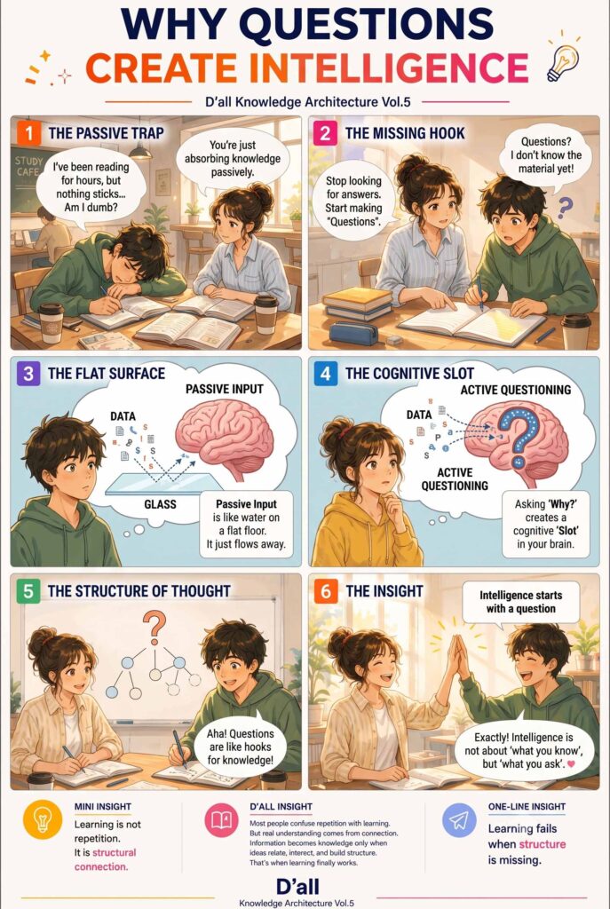 An illustration of two college students studying in a bright cafe, explaining how a Cognitive Slot created by active questioning transforms passive data absorption into true intelligence and structural knowledge.
