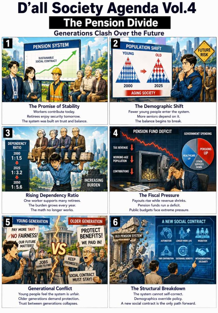 The Pension Divide | Infographic showing Pension Divide, dependency ratio imbalance, fiscal pressure, and generational conflict in a structured editorial visual system.