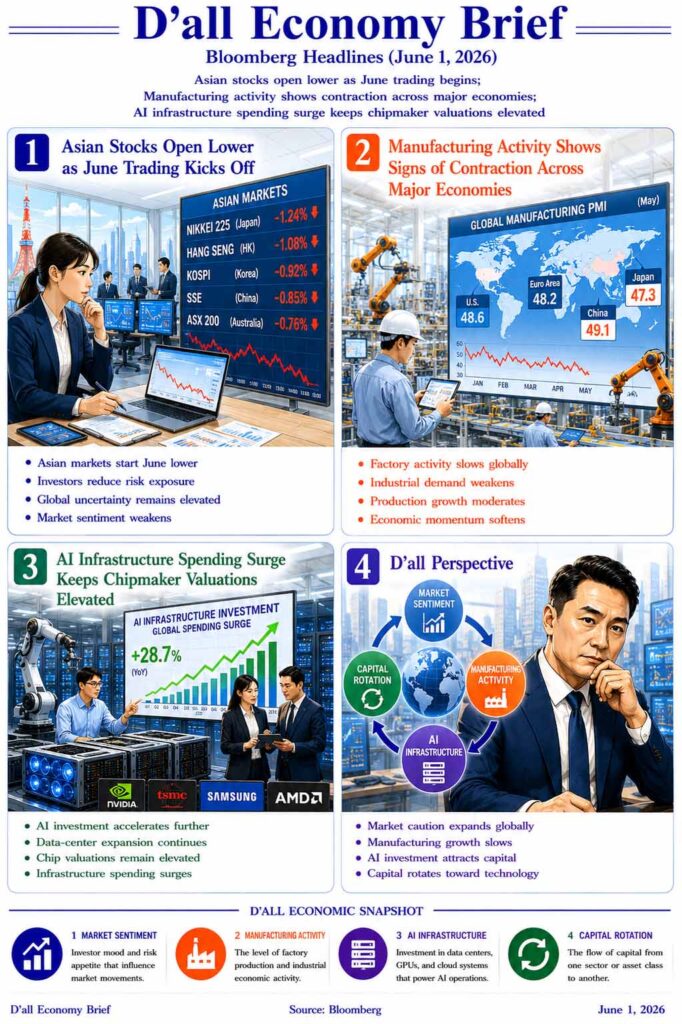 Market Sentiment drives early June trading as Asian stocks decline, manufacturing activity weakens, and AI Infrastructure investment continues supporting chipmaker valuations.