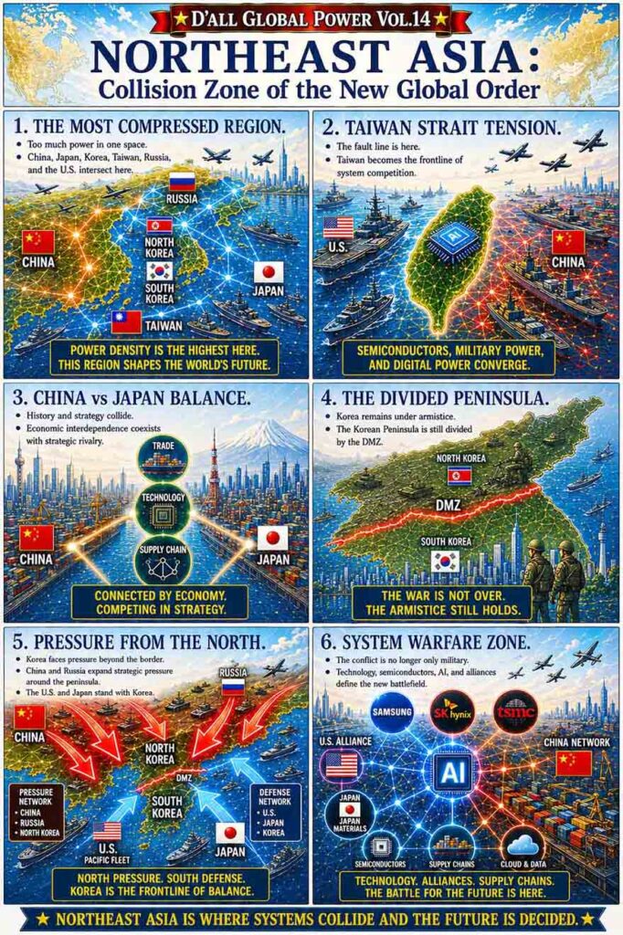 Northeast Asia Collision Zone infographic showing Taiwan Strait tensions, Korean DMZ confrontation, semiconductor rivalry, and military alliances shaping the future global order.