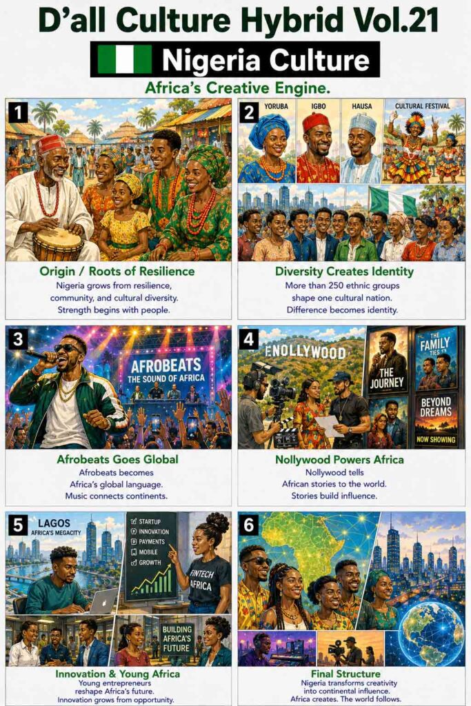 Six-panel editorial webtoon illustrating Nigeria Culture through community resilience, ethnic diversity, Afrobeats, Nollywood, innovation, and Africa's growing creative influence.