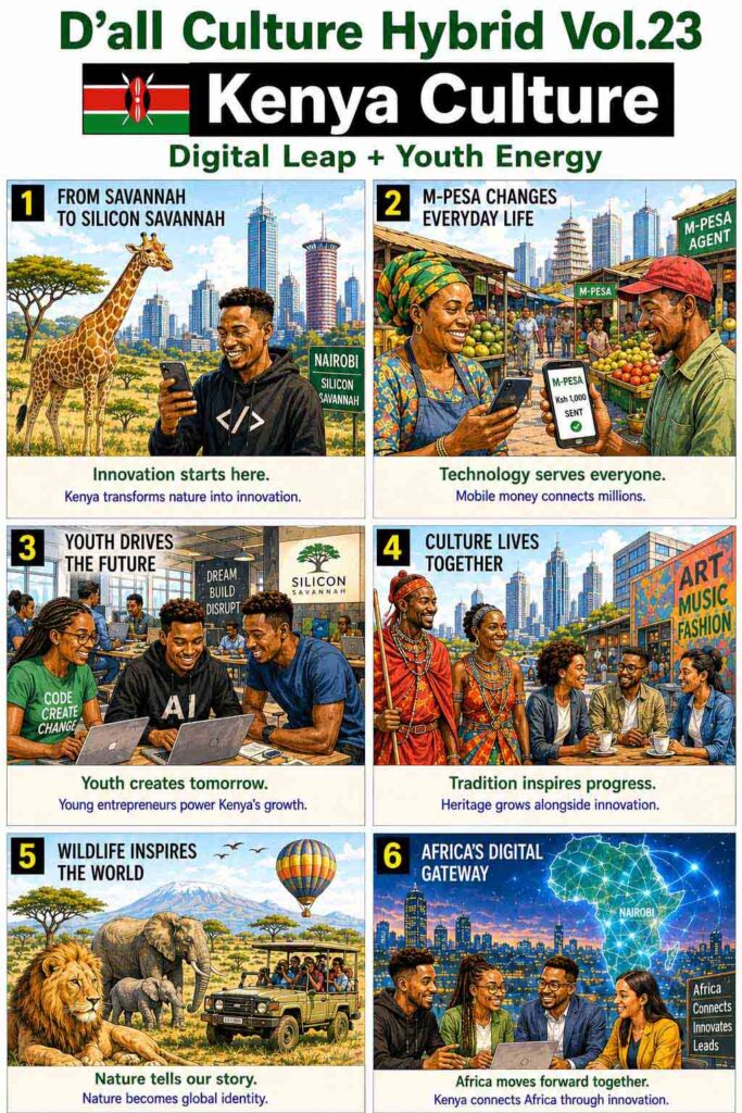 Kenya Culture infographic illustrating Silicon Savannah, youth innovation, M-Pesa, wildlife, and community-driven digital transformation. The visual explains how Kenya connects tradition with global innovation.