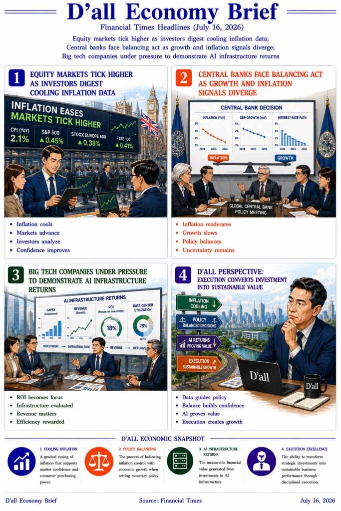 Editorial illustration showing AI Infrastructure Returns as investors evaluate cooling inflation, central bank policy, and technology profitability across global markets.