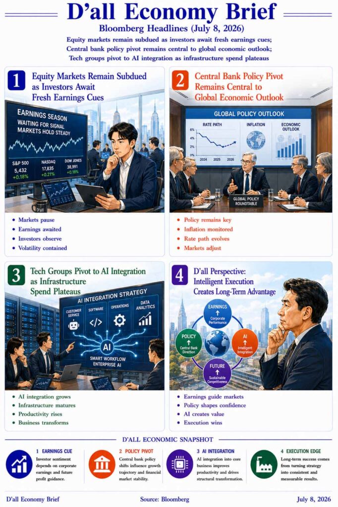 Editorial illustration showing Earnings Cues guiding global markets as investors monitor corporate earnings, central bank policy, and AI integration during the second week of July.